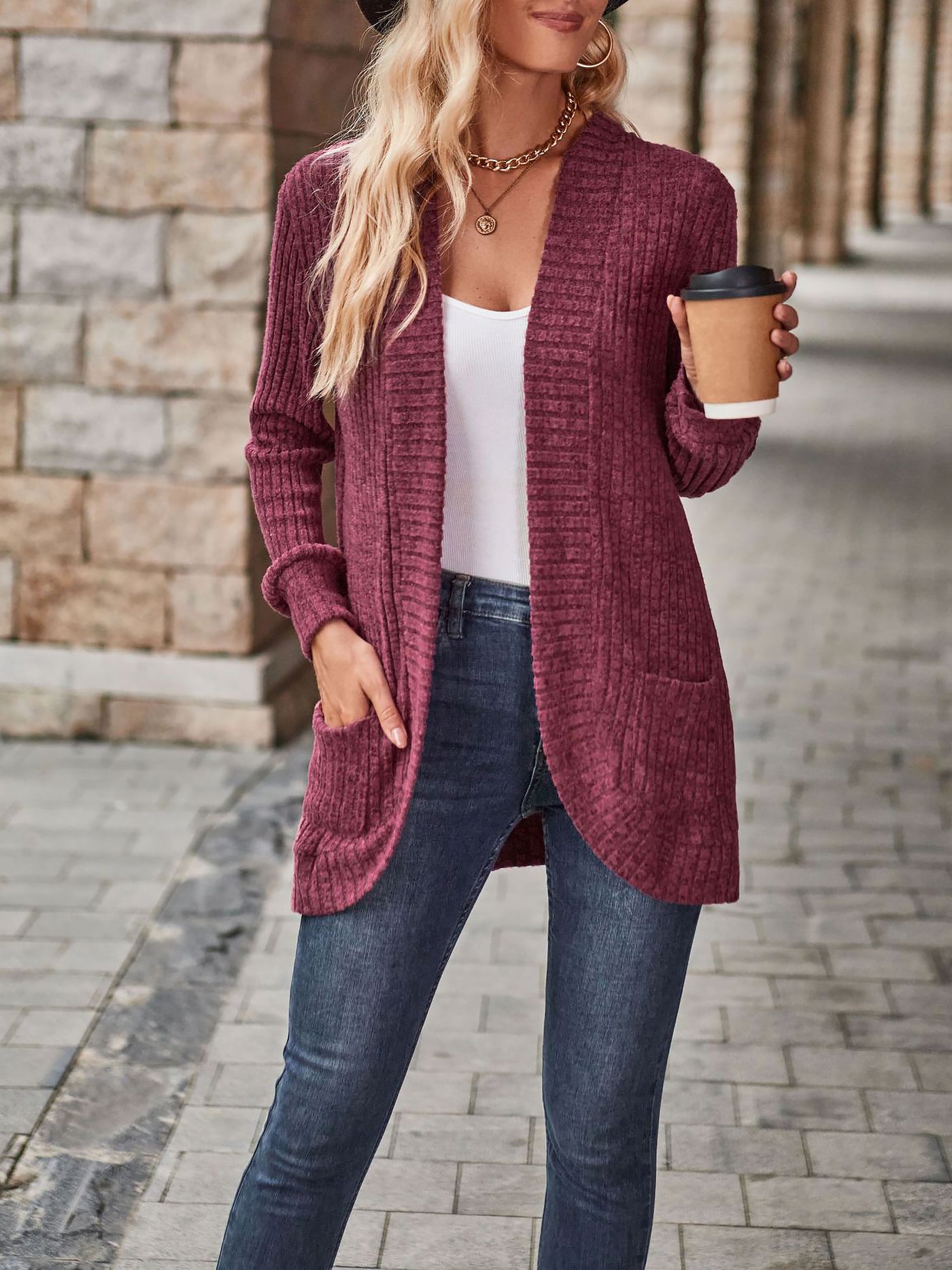 Allegra K Solid Color Ribbed Knit Long Sleeves Pocketed Cardigan