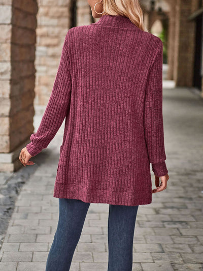 Solid Color Ribbed Knit Long Sleeves Pocketed Cardigan