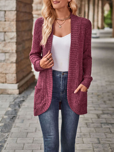 Solid Color Ribbed Knit Long Sleeves Pocketed Cardigan