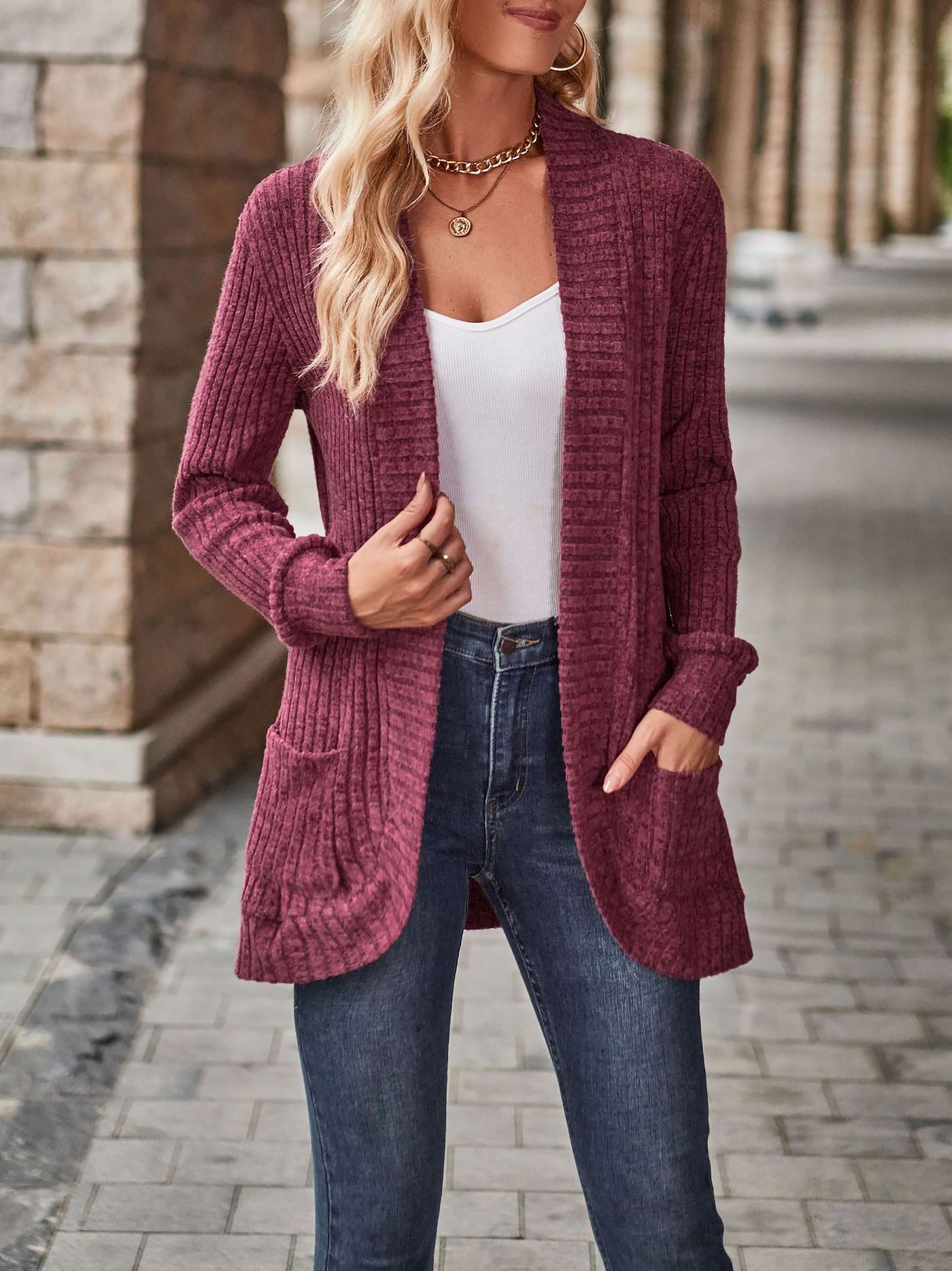 Allegra K Solid Color Ribbed Knit Long Sleeves Pocketed Cardigan