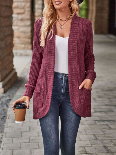 Solid Color Ribbed Knit Long Sleeves Pocketed Cardigan