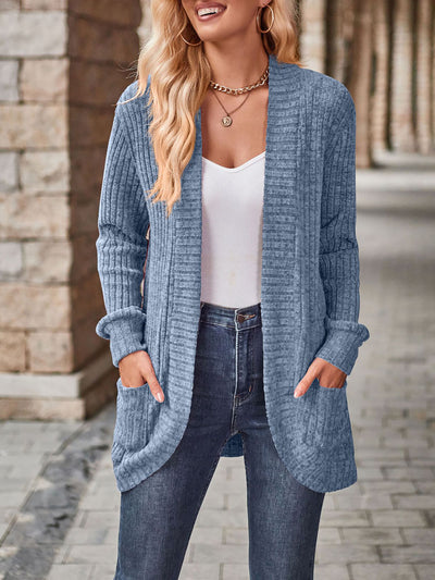 Solid Color Ribbed Knit Long Sleeves Pocketed Cardigan