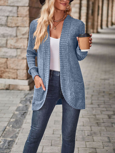 Solid Color Ribbed Knit Long Sleeves Pocketed Cardigan