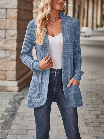 Solid Color Ribbed Knit Long Sleeves Pocketed Cardigan