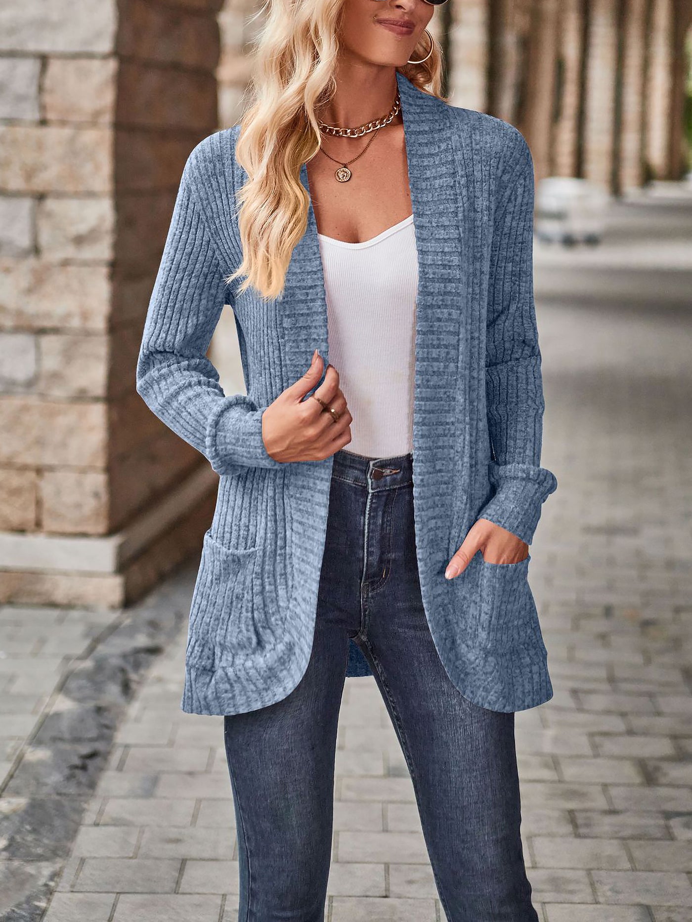 Allegra K Solid Color Ribbed Knit Long Sleeves Pocketed Cardigan