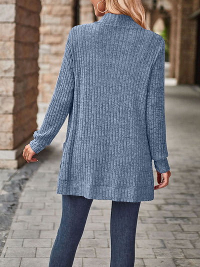 Solid Color Ribbed Knit Long Sleeves Pocketed Cardigan