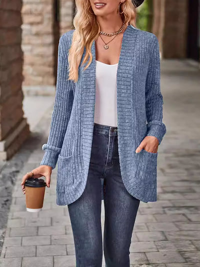 Solid Color Ribbed Knit Long Sleeves Pocketed Cardigan