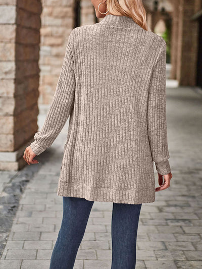 Solid Color Ribbed Knit Long Sleeves Pocketed Cardigan