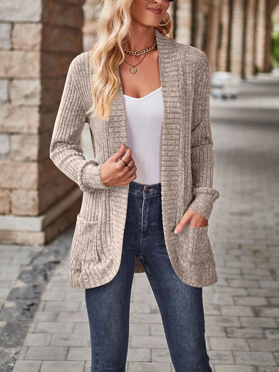 Solid Color Ribbed Knit Long Sleeves Pocketed Cardigan