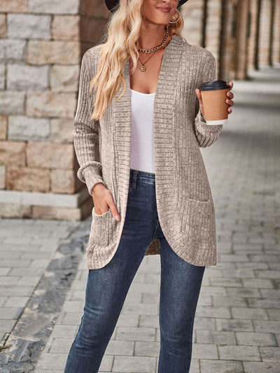 Solid Color Ribbed Knit Long Sleeves Pocketed Cardigan