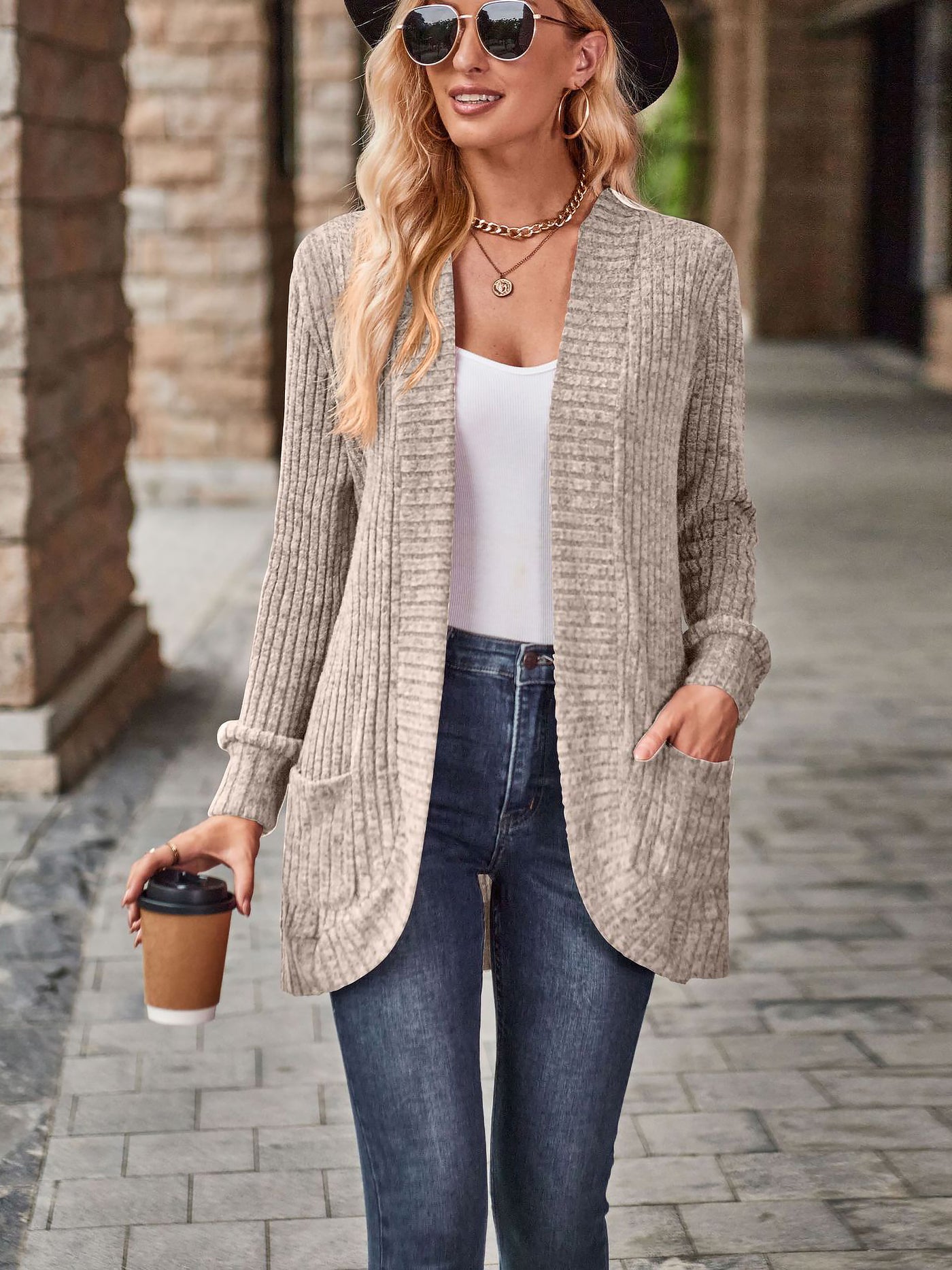 Allegra K Solid Color Ribbed Knit Long Sleeves Pocketed Cardigan