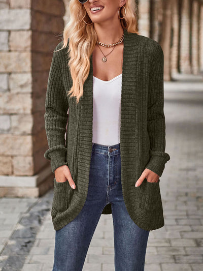 Solid Color Ribbed Knit Long Sleeves Pocketed Cardigan