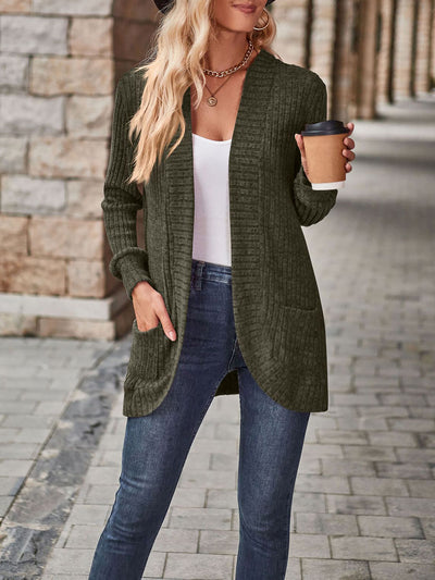 Solid Color Ribbed Knit Long Sleeves Pocketed Cardigan