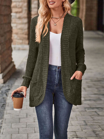 Solid Color Ribbed Knit Long Sleeves Pocketed Cardigan