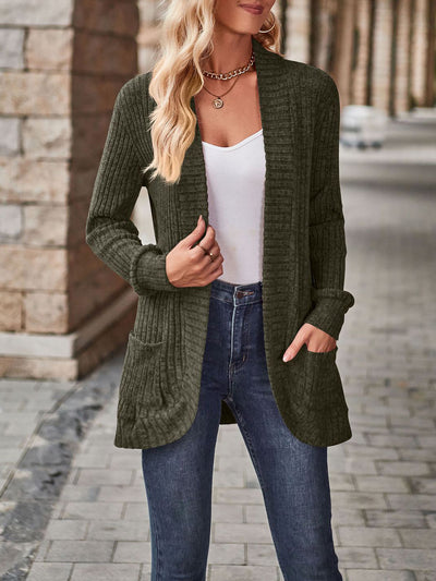 Solid Color Ribbed Knit Long Sleeves Pocketed Cardigan