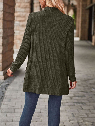 Solid Color Ribbed Knit Long Sleeves Pocketed Cardigan