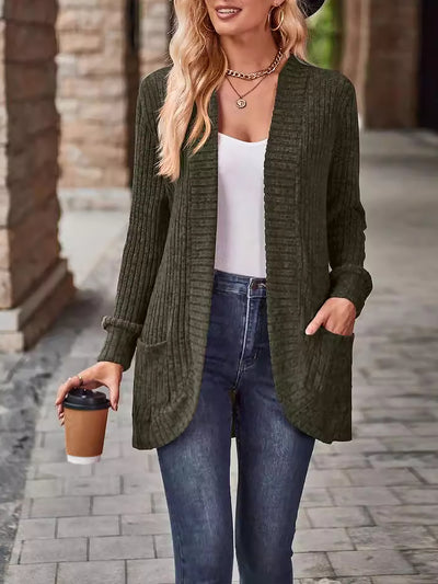 Solid Color Ribbed Knit Long Sleeves Pocketed Cardigan