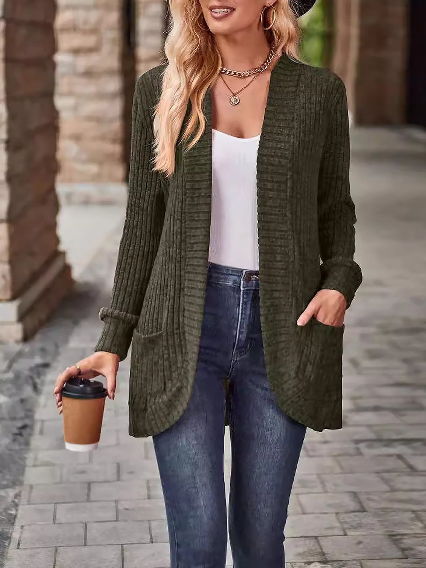 Allegra K Solid Color Ribbed Knit Long Sleeves Pocketed Cardigan