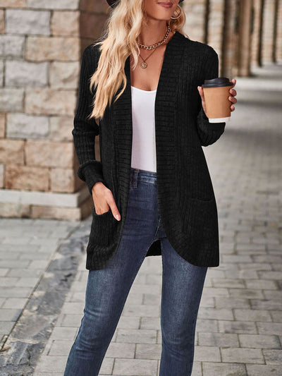 Solid Color Ribbed Knit Long Sleeves Pocketed Cardigan