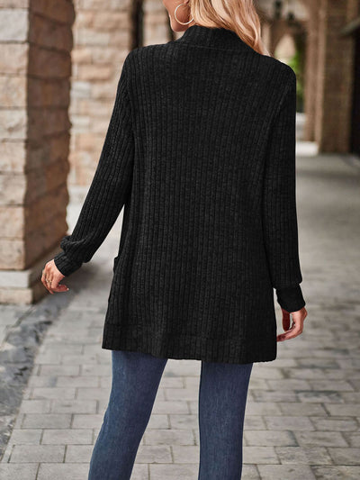 Solid Color Ribbed Knit Long Sleeves Pocketed Cardigan