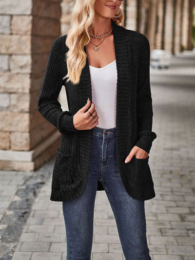 Solid Color Ribbed Knit Long Sleeves Pocketed Cardigan