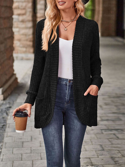 Solid Color Ribbed Knit Long Sleeves Pocketed Cardigan