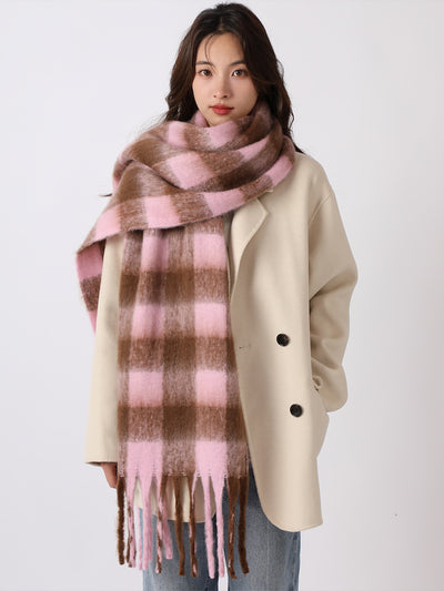 Warm Plaid Colorblock Tassel Long Scarf