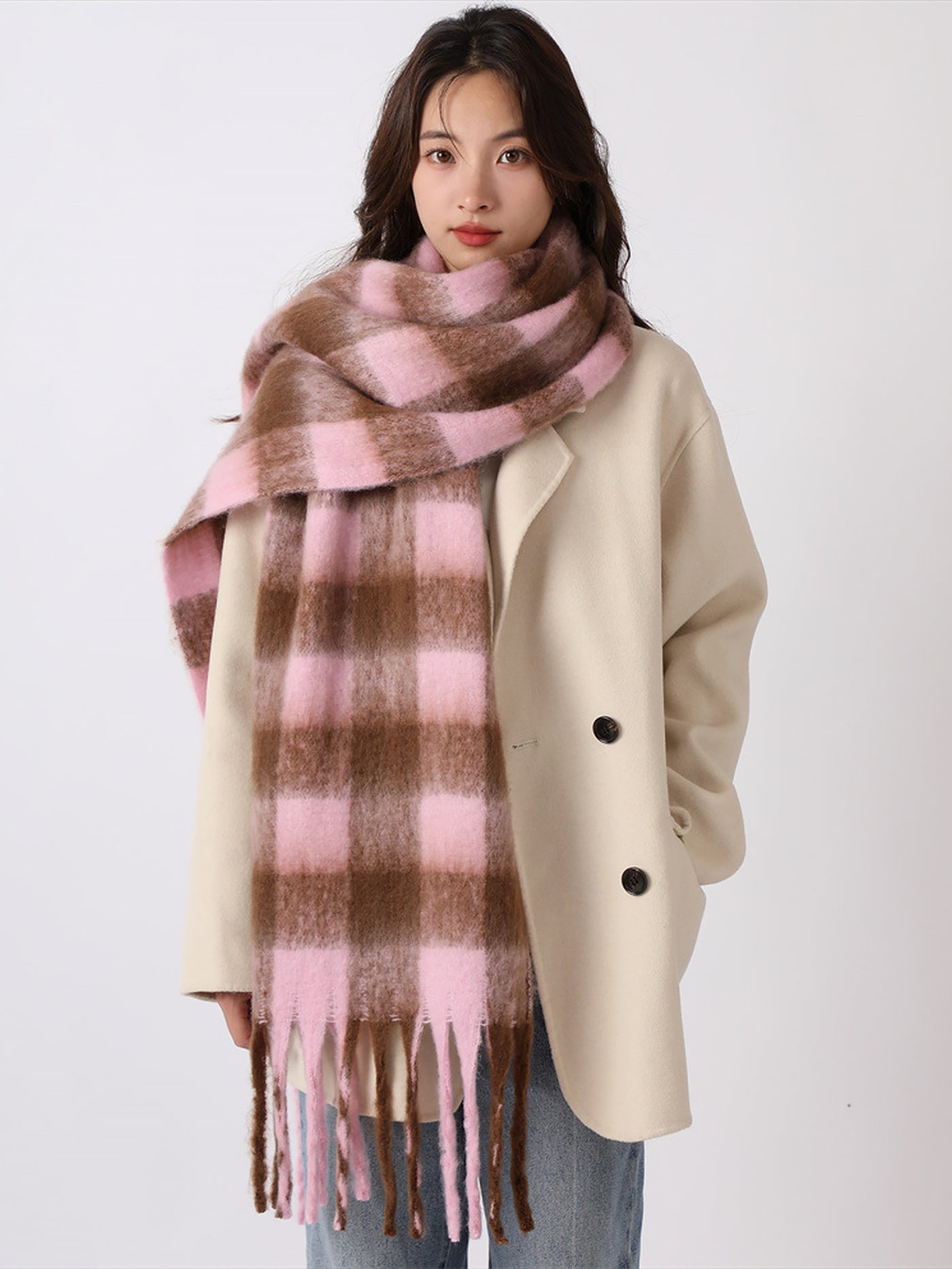 Allegra K Warm Plaid Colorblock Tassel Long Scarf