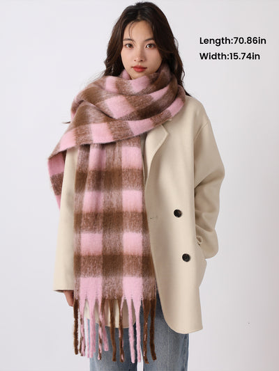 Warm Plaid Colorblock Tassel Long Scarf