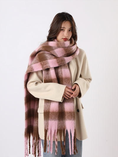 Warm Plaid Colorblock Tassel Long Scarf