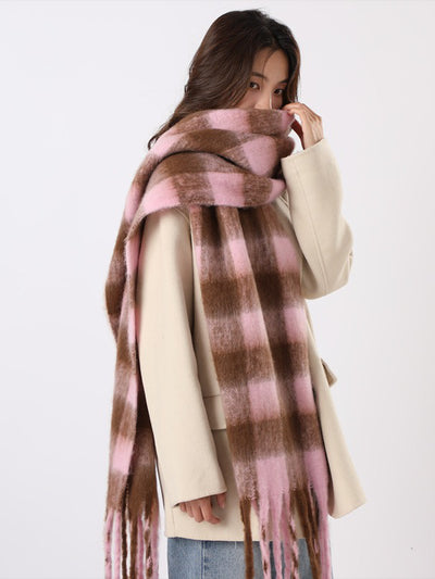 Warm Plaid Colorblock Tassel Long Scarf