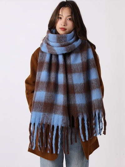 Warm Plaid Colorblock Tassel Long Scarf