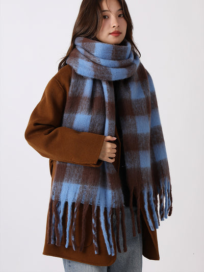 Warm Plaid Colorblock Tassel Long Scarf