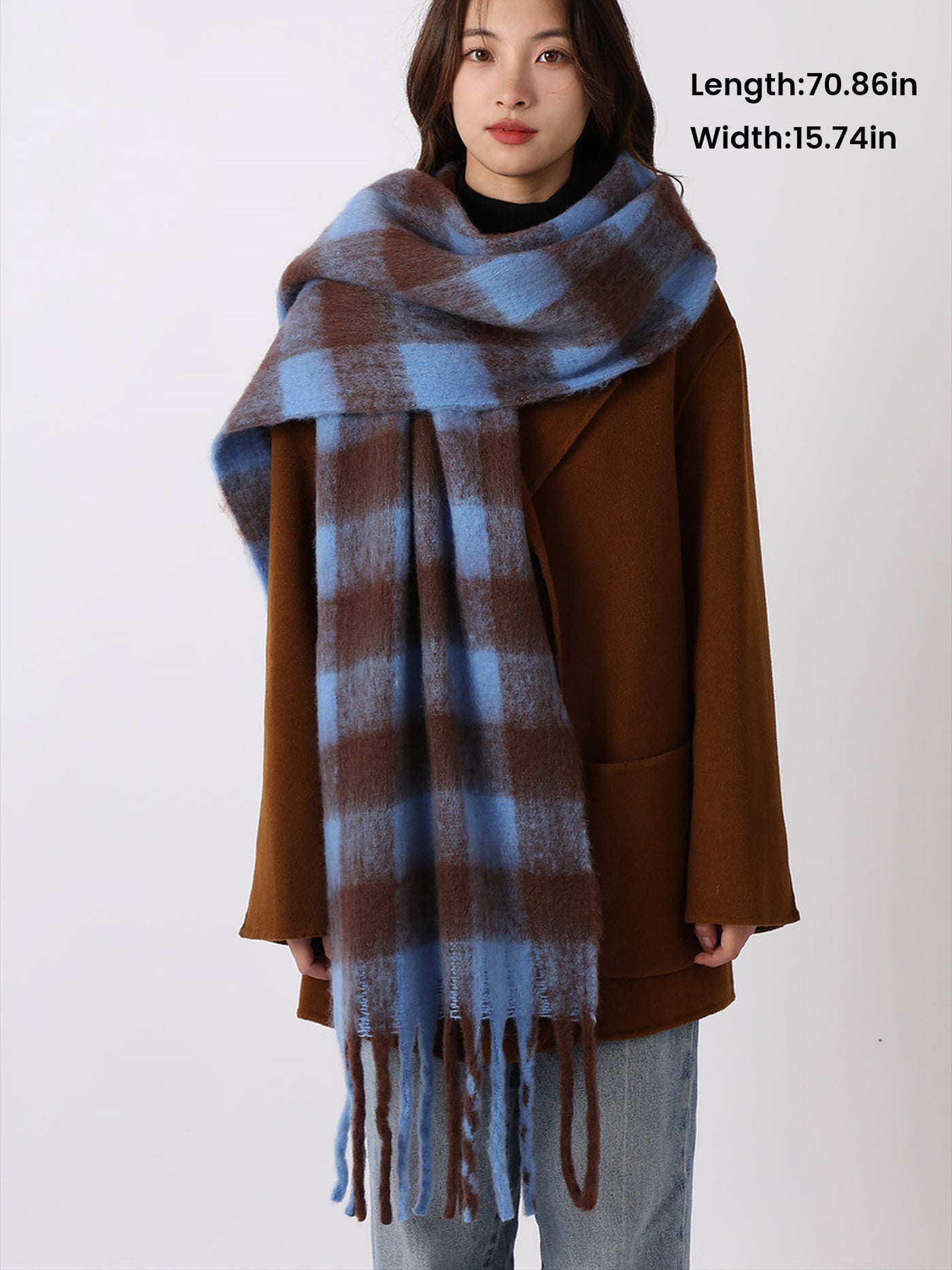 Allegra K Warm Plaid Colorblock Tassel Long Scarf