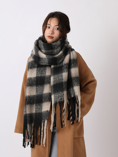 Warm Plaid Colorblock Tassel Long Scarf