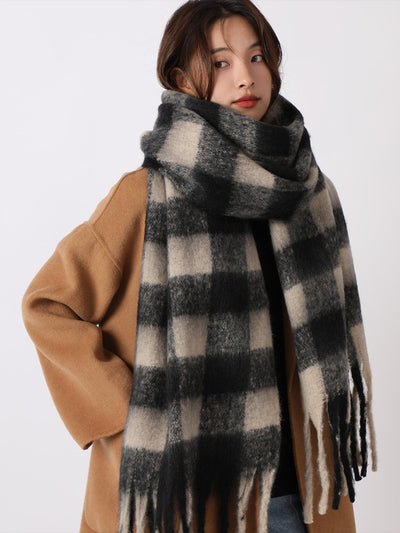 Warm Plaid Colorblock Tassel Long Scarf