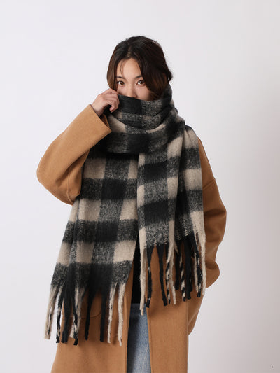 Warm Plaid Colorblock Tassel Long Scarf