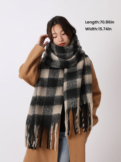 Warm Plaid Colorblock Tassel Long Scarf