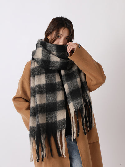 Warm Plaid Colorblock Tassel Long Scarf