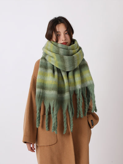 Warm Plaid Colorblock Tassel Long Scarf