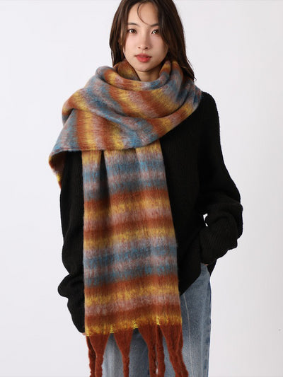 Warm Plaid Colorblock Tassel Long Scarf