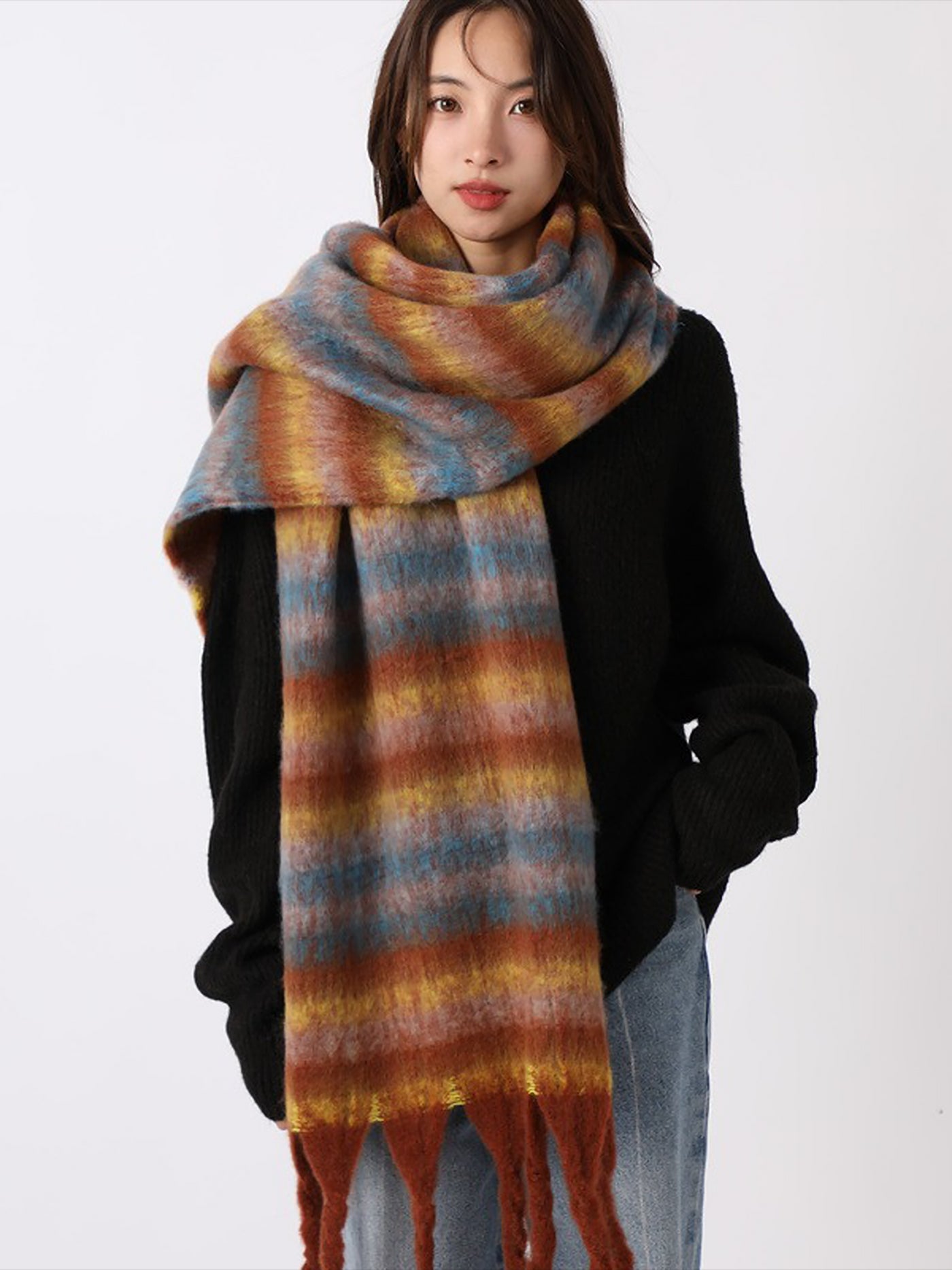 Allegra K Warm Plaid Colorblock Tassel Long Scarf