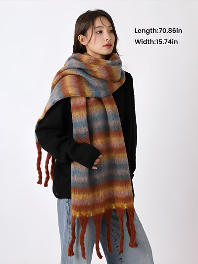 Warm Plaid Colorblock Tassel Long Scarf