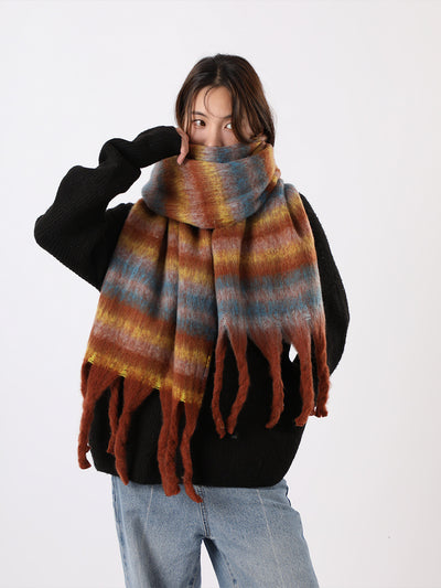 Warm Plaid Colorblock Tassel Long Scarf