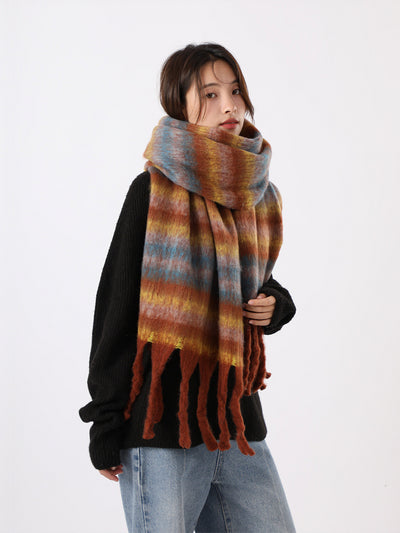 Warm Plaid Colorblock Tassel Long Scarf