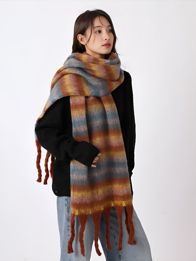 Warm Plaid Colorblock Tassel Long Scarf