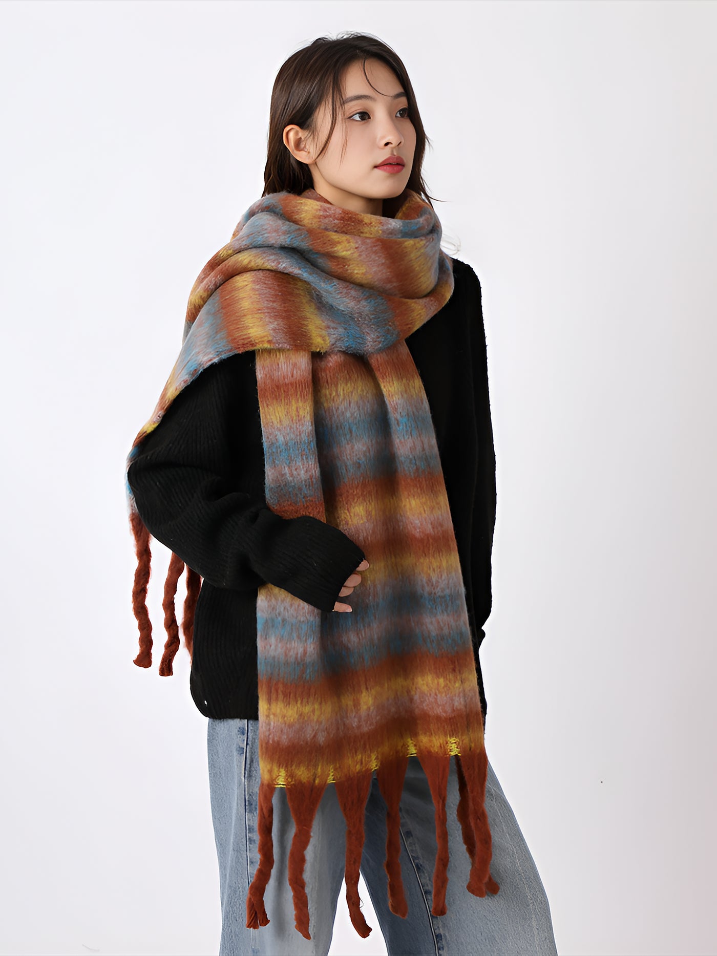 Allegra K Warm Plaid Colorblock Tassel Long Scarf