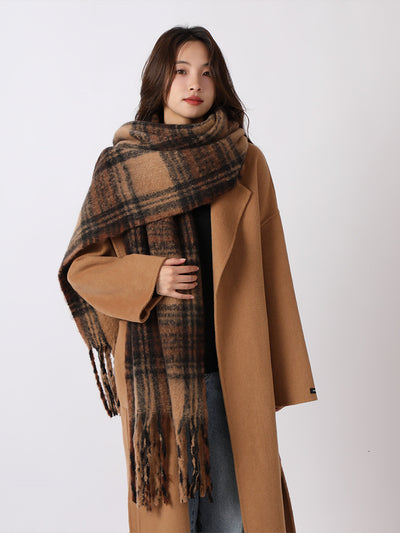 Warm Plaid Colorblock Tassel Long Scarf