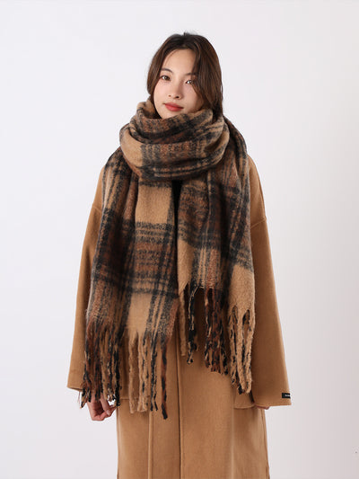 Warm Plaid Colorblock Tassel Long Scarf