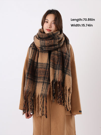 Warm Plaid Colorblock Tassel Long Scarf